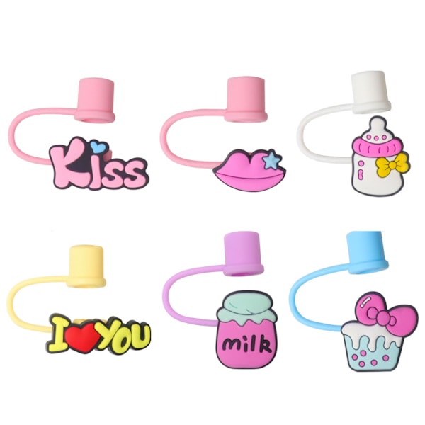 6PCS Silicone Straw Cover Cap Cute Cartoon Reusable Straw Tip Lid Toppers for 10mm Drinking Straw Cup Accessories