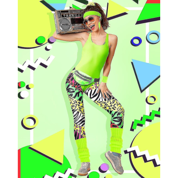 REMAKE 7-delad 80-tals träningsdräkt 80-tals accessoarset 80-tals 90-tals trikå leggings pannband handledsvärmare örhängen magväska Ljus Zebra XX-Stor