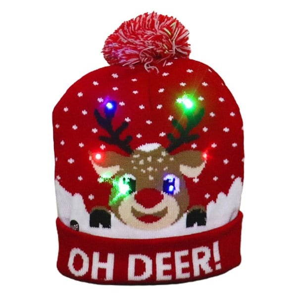 LED-julmössa med upplysta stickade färgglada lampor, älg, ful mössa, unisex vintermössa, nyårsfestdekorationer
