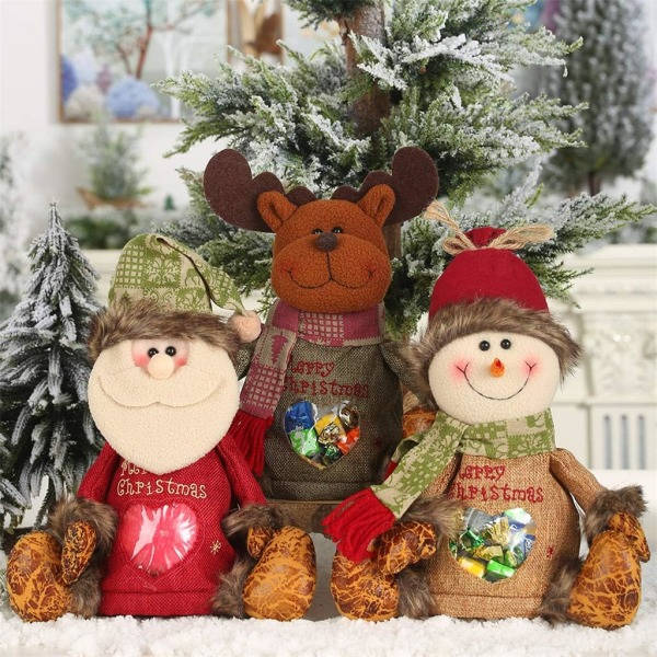 3 st julgåvor påsar Eve äpple påse stickad godispåse jultomten snögubbe älg docka presentpåsar dragsko förpackningspåsar