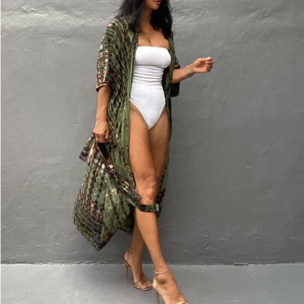 Tie Dye Strand Kimono Cardigan, Lång Badkläder Bikini Strand Cover Up, Öppen Fram, Avslappnad Lös Flytande - Armég Grön