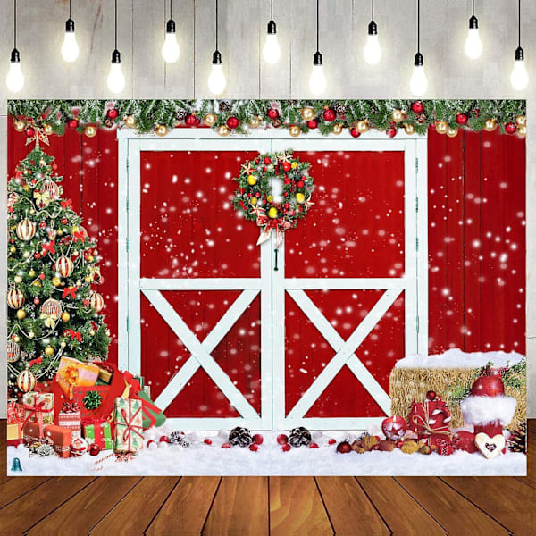 Rød Julevinduesbaggrund 7x5ft Jule-Vinter-Ladedør Dekorationer Baggrund Julaften Party Foto Props Baggrund