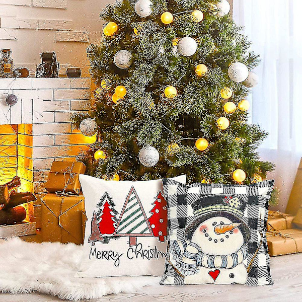Jul Kuddfodral 18x18 Set om 4 Juldekorationer Farmhouse Kuddar Snögubbe Kudde