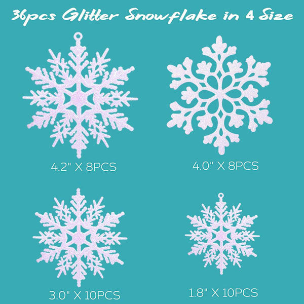 36-pack Plastvita Snöstjärnedekorationer Jul- och Vinterdekorationer, Hängande Snöstjärnedekorationer för Vinterland Julgran