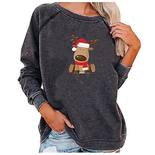 Kvinnors Julklänning Långärmad T-shirt Jul Söt Elk Tryckt Topp Blus S Grå