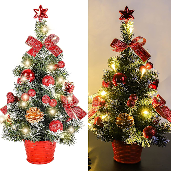 Mini Konstgjort Julgran, Liten Julgran med LED-lampor, Mini Bordsgran Dekoration för Kontor, Bar, 40cm (Röd)