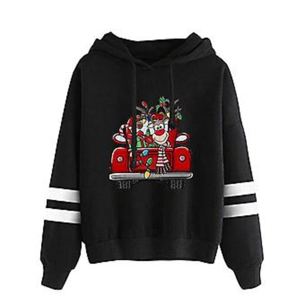 Dame Hoodie med Julemønster, Dobbelt Farveblokering, Langærmet, Hætte (L Sort)