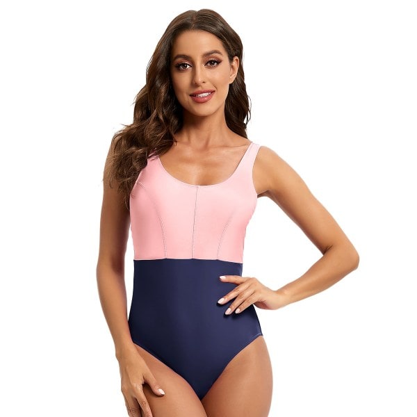 Enkeldelad bikini med triangeldesign i färgblock Rosa/Tibetansk grön XL