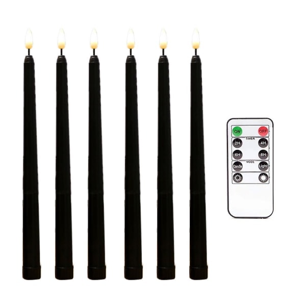 REMAKE 6 stk Flammeløse sorte koniske lys med flimrende effekt og 10-knaps fjernbetjening med timer, batteridrevet LED-lys sort