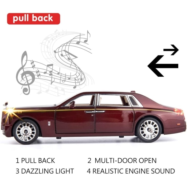 REMAKE SAYTAY 1/24 Rolls-Royce Phantom Modellbil, Zink Legering Dragbil med Ljud och Ljus för Barn Pojke Flicka Present (Röd) ST-001