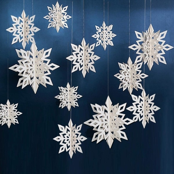 Vinterjulhängande Snöflingor Dekorationer, 12 st 3D Glitter Stora Vita Snöflingor för Jul Vinterland Semester Nyårsfest