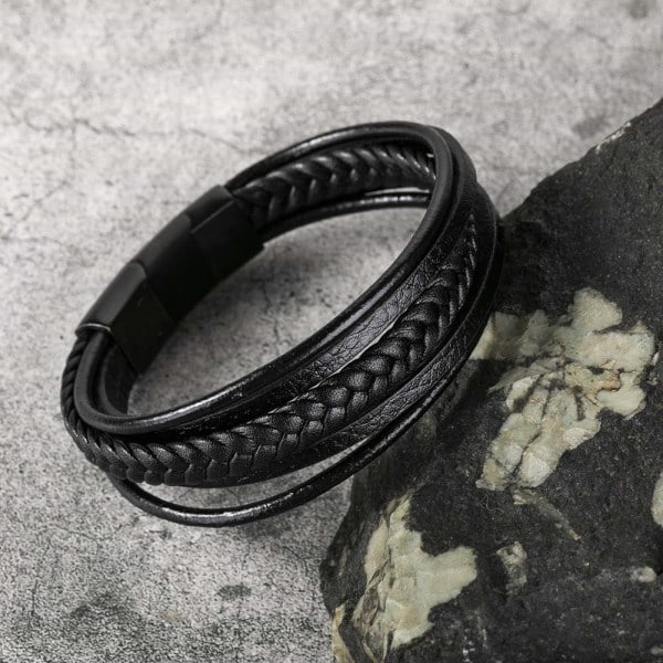REMAKE Flettet læderarmbånd til mænd Sort