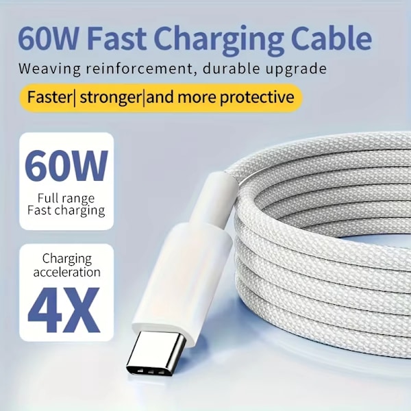 2-pack USB C till USB C-kabel, 60W snabbladdningskabel för iPhone 15/16