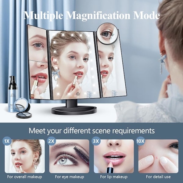 REMAKE Makeup Spejl med Belysning 2X 3X 10X Forstørrelse Oplyst Spejl Berøringsstyring Dobbelt Strømforsyning Bærbar LED Gave til Kvinder...