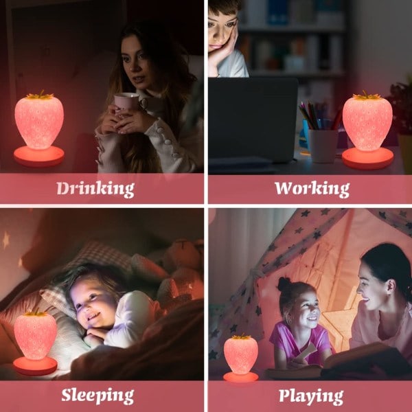 Sød Natlampe Silikon Jordbær Natlampe Sengelampe 3 Tilstande Berøringsfarve Skiftende Lys - Pink