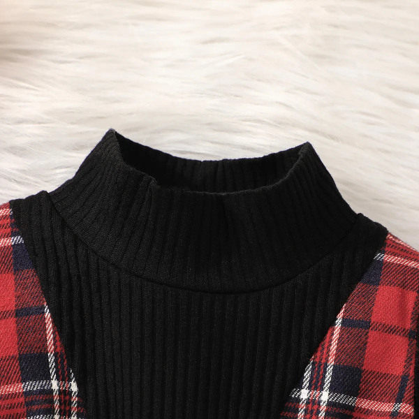 Julkläder för flickebarn, 2-pack, Ribbad Mock Neck Långärmad Klänning med Split, Rutiga Detaljer, Rosett Framtill, med Hårband, Röd, 18-24 Månader