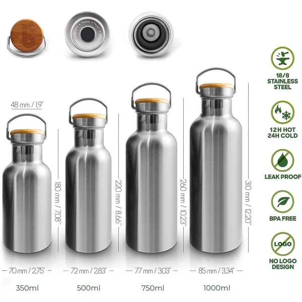 Isolerad vattenflaska i rostfritt stål Thermos stor vattenflaska 1000 ml