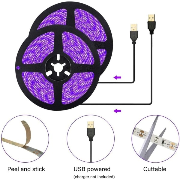 REMAKE 3-pak UV LED lilla sort lys strimmel, 4,5 W 2 m USB 5 V strømforsyning