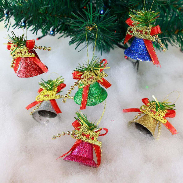 6 st julgranshängande prydnader Flerfärgad glitter Jingle Bell Slitstarkt hänge Klot med rosett Semesterfest Dekoration Nyårsgåvor