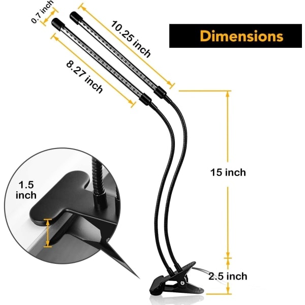 Fuld spektrum LED vækstlys til indendørs planter, 2/3 lystilstande og 5/10 dæmpningsniveauer, 3 automatiske timere, 2 rør, rød og blå