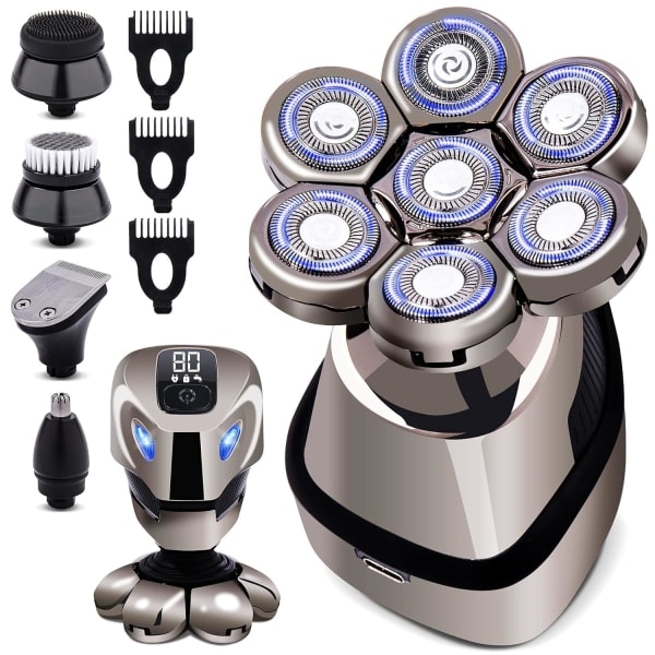 7D Huvudrakningshuvor för Skalliga Män, Anti-kläm Elektrisk Rakapparat för Män, 5-i-1 Grooming Kit med Nästhårstrimmer, Skäggtrimmer, etc.