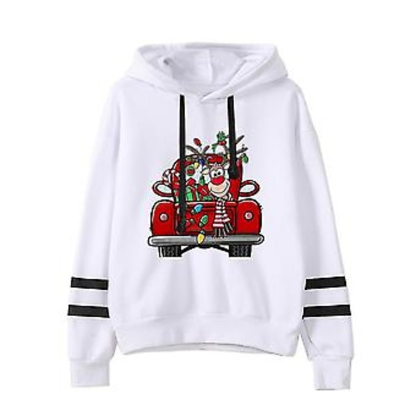 Dam Hoodie med Julmönster, Dubbelfärgad Blockering, Långärmad, Huva (XL Vit)