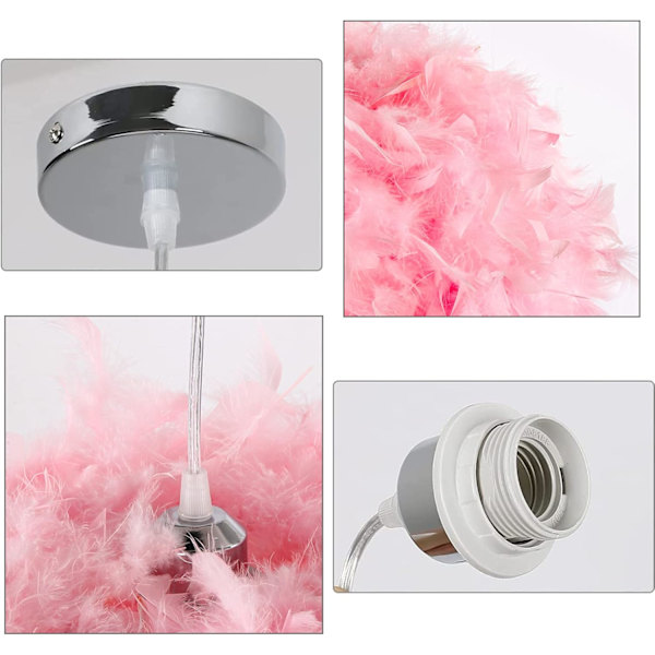 Rosa Fjærpendel, Moderne Kule-Lysekrone 30cm, E27 Taklampe Hengelys Dekorasjon, For Stue Soverom Barnerom