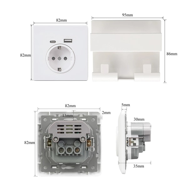 EU-standard 16A veggladeradapterkontakt USB type A type C strøm Schuko-plugg