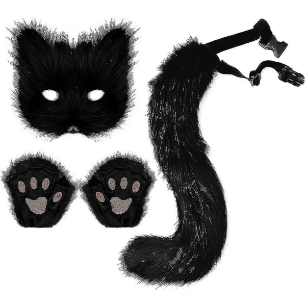 REMAKE SJJYV Konstgjord Pälsräv Svans Katt Varulv Cosplay Set Plysch Mask Fluffiga Tassar Handskar Halloween Jul Svart