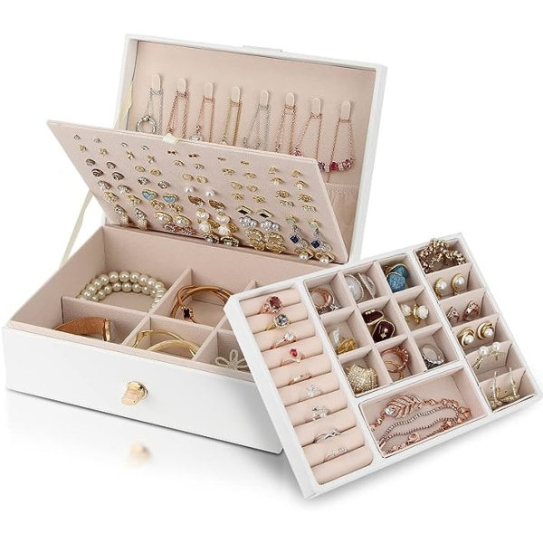 REMAKE Smykkeskrin Organizer til Halskæder, Øreringe, Armbånd, Ringe, Stor PU Læder Smykkeskrin med 3 Stablebare Lag