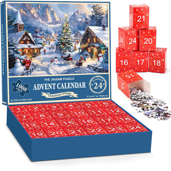 REMAKE Adventskalender Puslespill - 1008 Brikker Puslespill, Adventskalender Puslespill for Voksne og Barn, Jul Puslespill, Jul, Gave