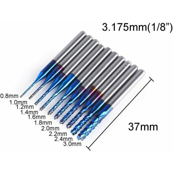 10 kpl Nano Blue Coat CNC-jyrsinkärkiä, 0,8-3 mm, 1/8 varsi, STAR.L