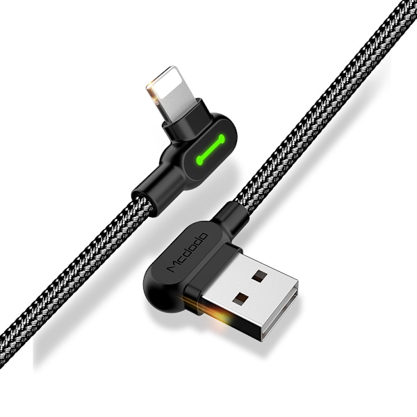 McDodo CA-4679 Vinklad Lightning-kabel, LED, 2A, 3m, svart svart