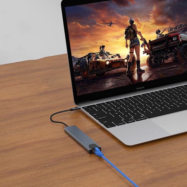 8-port USB-C hub med USB, UBC PD, HDMI, RJ45, minnekort