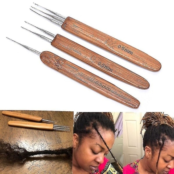 REMAKE 3-pack 0,5 mm Dreadlock Virkningskrok med Bambus Handtag Verktyg