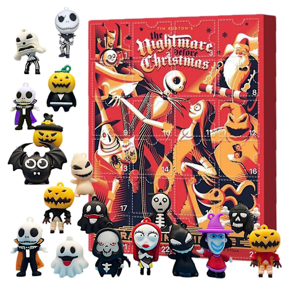 2024 Julekalender Julerækken Advent 24 Dage Gyser Ornament Dukke Halloween Mareridt Festartikler Til Børn Gaver (FMY) Rød 26 x 18 x 3cm Red