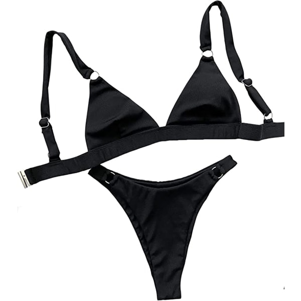 Push-Up Bikini Sæt med Ringbånd & Trekant Top Sort L