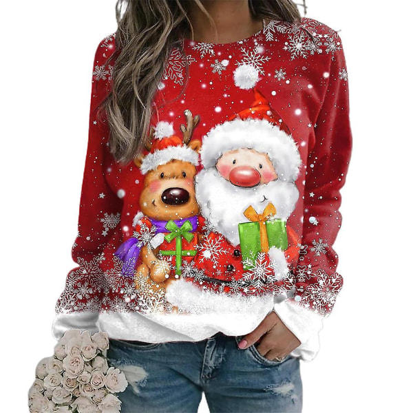 Juletrøje til kvinder med print af julemanden, snemanden og en bjørn - Rund hals, lange ærmer, løs pullover, casual top, stil 2 XL
