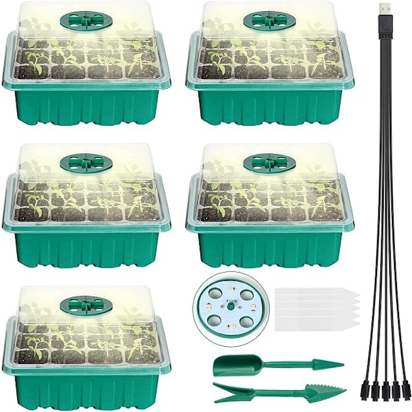 5 Sett Frøbrett med Plantelampe for Planter, LED Fullspektrum Su