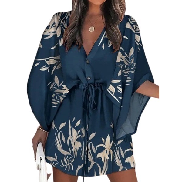 Dame Mini Kjole V-hals Bluserm ærmer Elastisk Talje Snøre Løst Afslappet Kjole Knapper Blomsterprint Kort Kjole