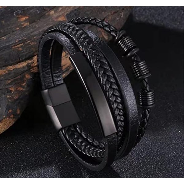 Fars Dag Sort Læderarmbånd Til Mænd Ægte Flettet Læder Stort Wrap Armbånd Med Mave
