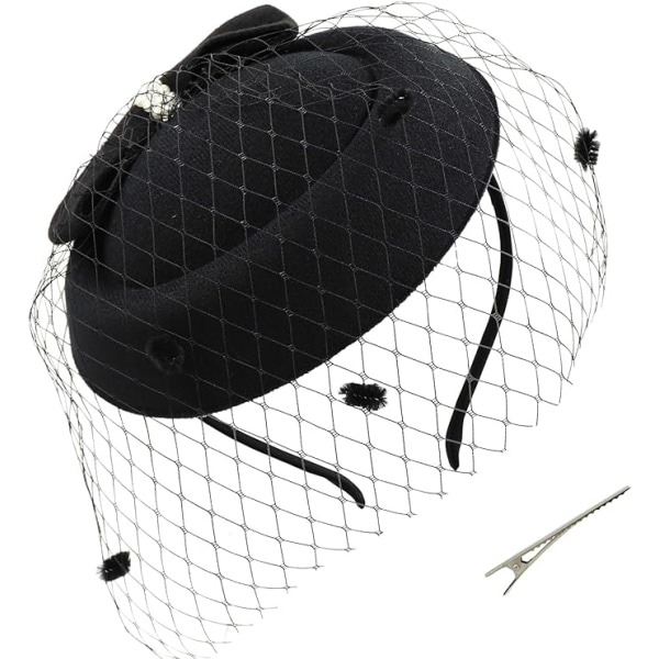 Bowknot Pillbox Fascinator Hatt för bröllop Tea Party Hattar för kvinnor med slöja Pannbandsklämma, One Size