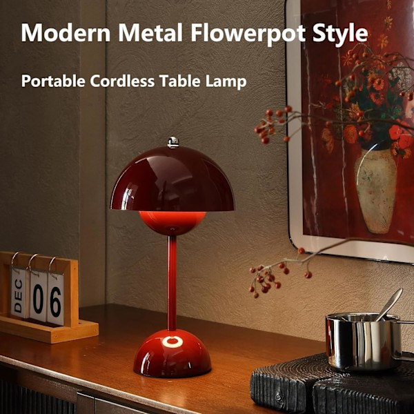 Led-bordlampe i blomsterpotteform, 1800mAh batteri bordlampe, bærbar utelampe, liten oppladbar lampe (rød)