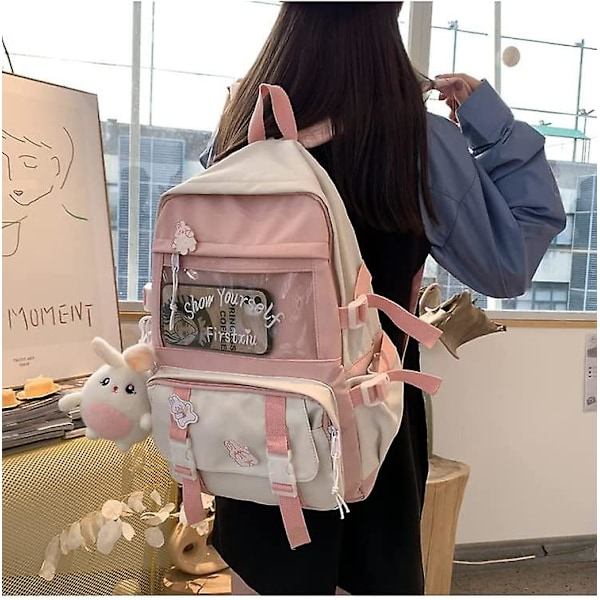 Kawaii Ryggsekk Student Skoleveske Stor Kapasitet Nyttig Stil Ryggsekk Sydd Søt Jente Campus Ryggsekk (Rosa)
