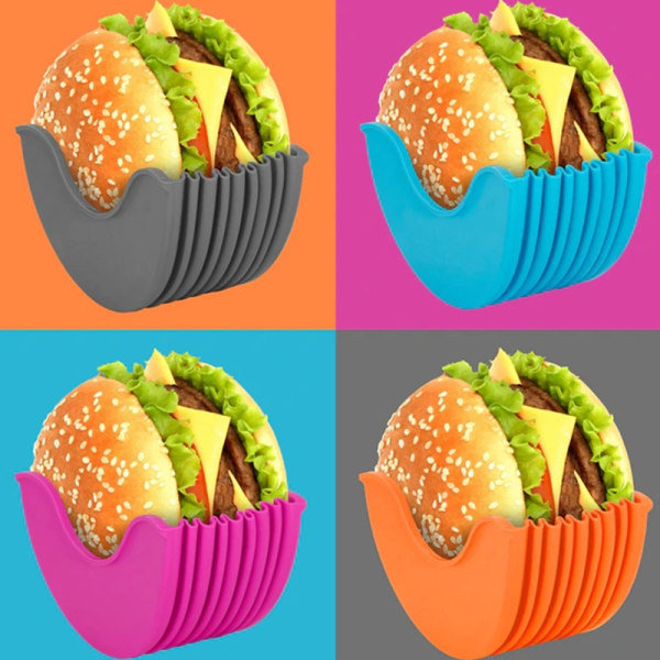 Burgerhållare, återanvändbar hamburgerlåda, utbyggbar hamburger utan kladd, hamburger i silikon blå