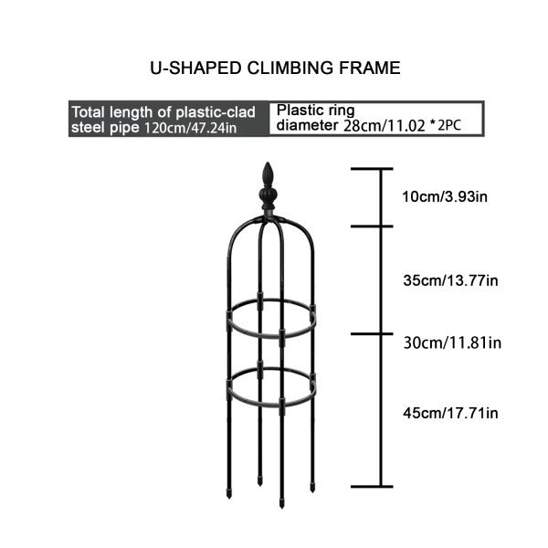 Svart U-formad kombinationram för klätterväxter - 11 mm rördiameter - 120 cm höjd - Plastbelagt stålrör