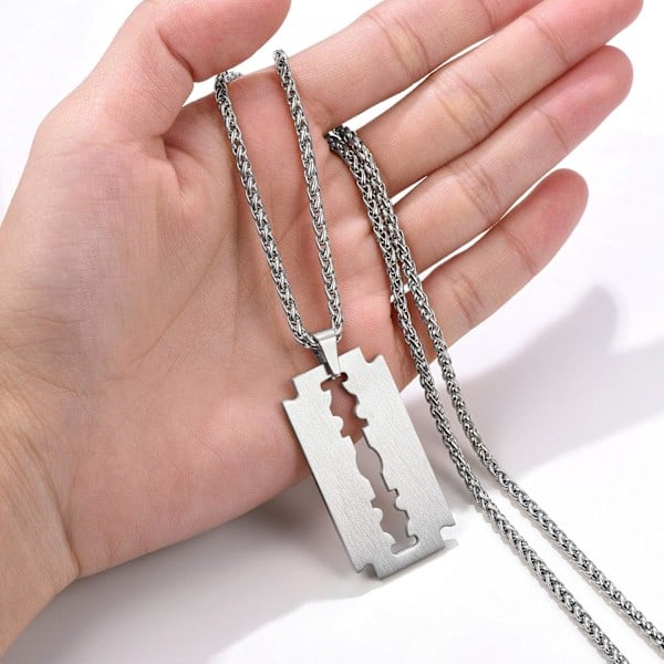 Halsband med utbytbara rakblad i rostfritt stål - Festpresent till barn, fars dag, examen, födelsedag 01. Färg Platina