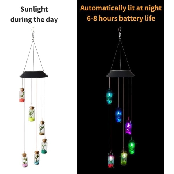 Aurinkoenergialla toimiva tuulikello, puutarhakoristevalo RGB monivärinen vaihtuvat värit, kuusi toivepulloa vedenkestävä (toivepullo)