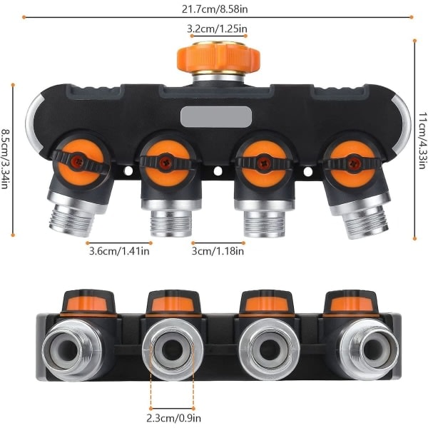 Way Havevandingsfordeler med 4 Ventiler 3/4 Tommer Heavy Duty Slange Vandmanifold Stik til Udendørs Hane Adapter