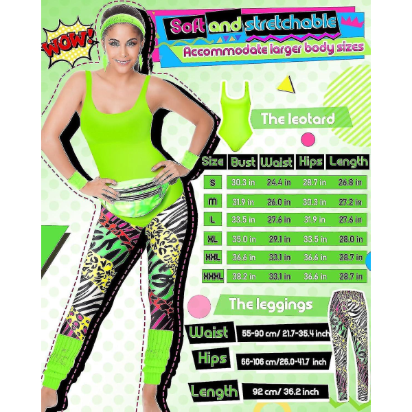 REMAKE 7-delad 80-tals träningsdräkt 80-tals accessoarset 80-tals 90-tals trikå leggings pannband handledsvärmare örhängen magväska Ljus Zebra XX-Stor